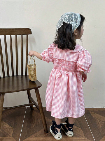 Young Girl Embroidery Floral Gingham Print Puff Sleeve Shirred Panel Dress