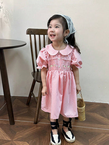 Young Girl Embroidery Floral Gingham Print Puff Sleeve Shirred Panel Dress