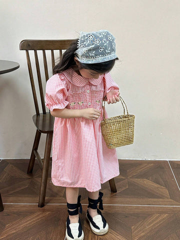 Young Girl Embroidery Floral Gingham Print Puff Sleeve Shirred Panel Dress