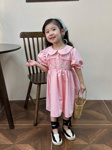 Young Girl Embroidery Floral Gingham Print Puff Sleeve Shirred Panel Dress