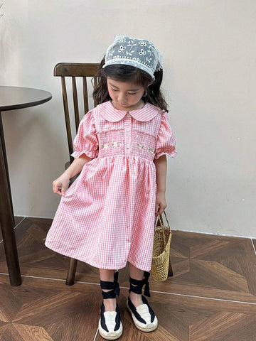 Young Girl Embroidery Floral Gingham Print Puff Sleeve Shirred Panel Dress