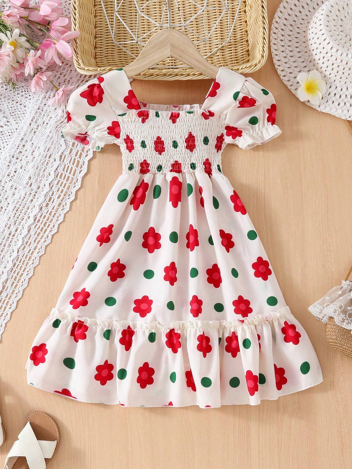 Young Girl European And American Girls Cute Flower Print Casual Summer Dress , Vacation And Party Princess Dress