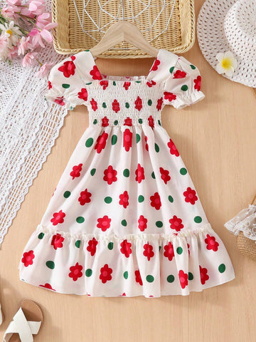 Young Girl European And American Girls Cute Flower Print Casual Summer Dress , Vacation And Party Princess Dress