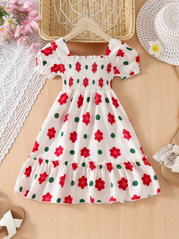 Young Girl European And American Girls Cute Flower Print Casual Summer Dress , Vacation And Party Princess Dress