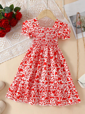Young Girl European And American Style Casual Heart Princess Dress, Short Sleeve Outing & Vacation Thin Princess Dress