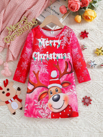 Young Girl' European Style Christmas Snowflake & Reindeer Print Long Sleeve Round Neck Dress, Spring Autumn