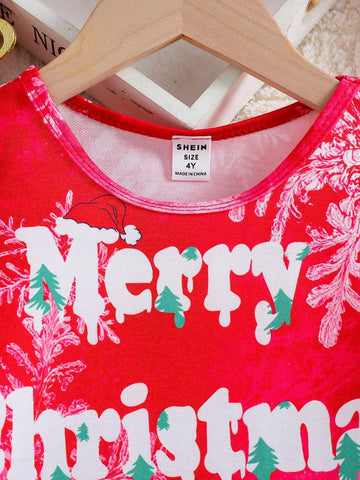 Young Girl' European Style Christmas Snowflake & Reindeer Print Long Sleeve Round Neck Dress, Spring Autumn