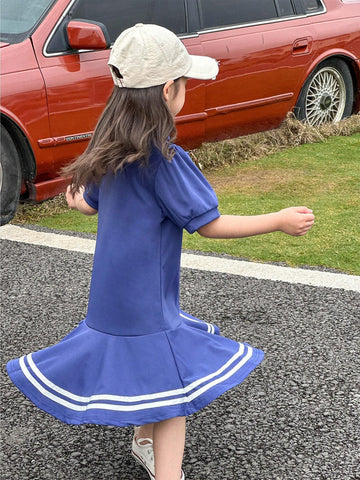 Young Girl Everyday Navy Style Knitted Puff Sleeve Shirt Collared A-Line Dress With Button Placket, Spring/Summer