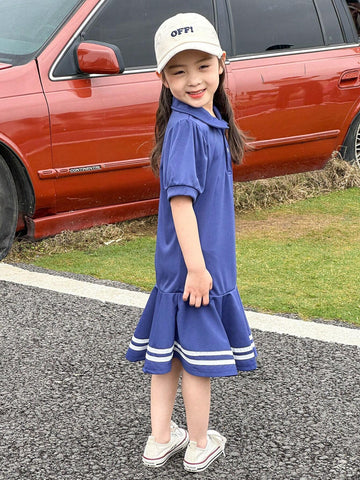 Young Girl Everyday Navy Style Knitted Puff Sleeve Shirt Collared A-Line Dress With Button Placket, Spring/Summer