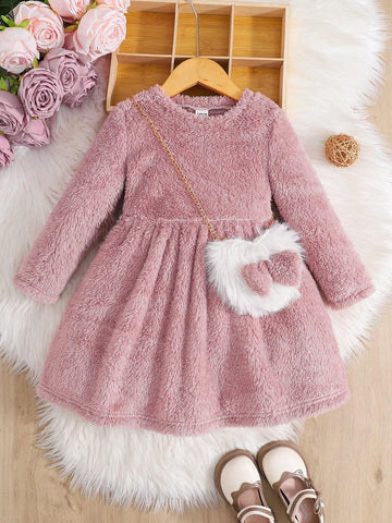 Young Girl Fall/Winter Clothes 1set Solid Color Knitted Sweater Dress
