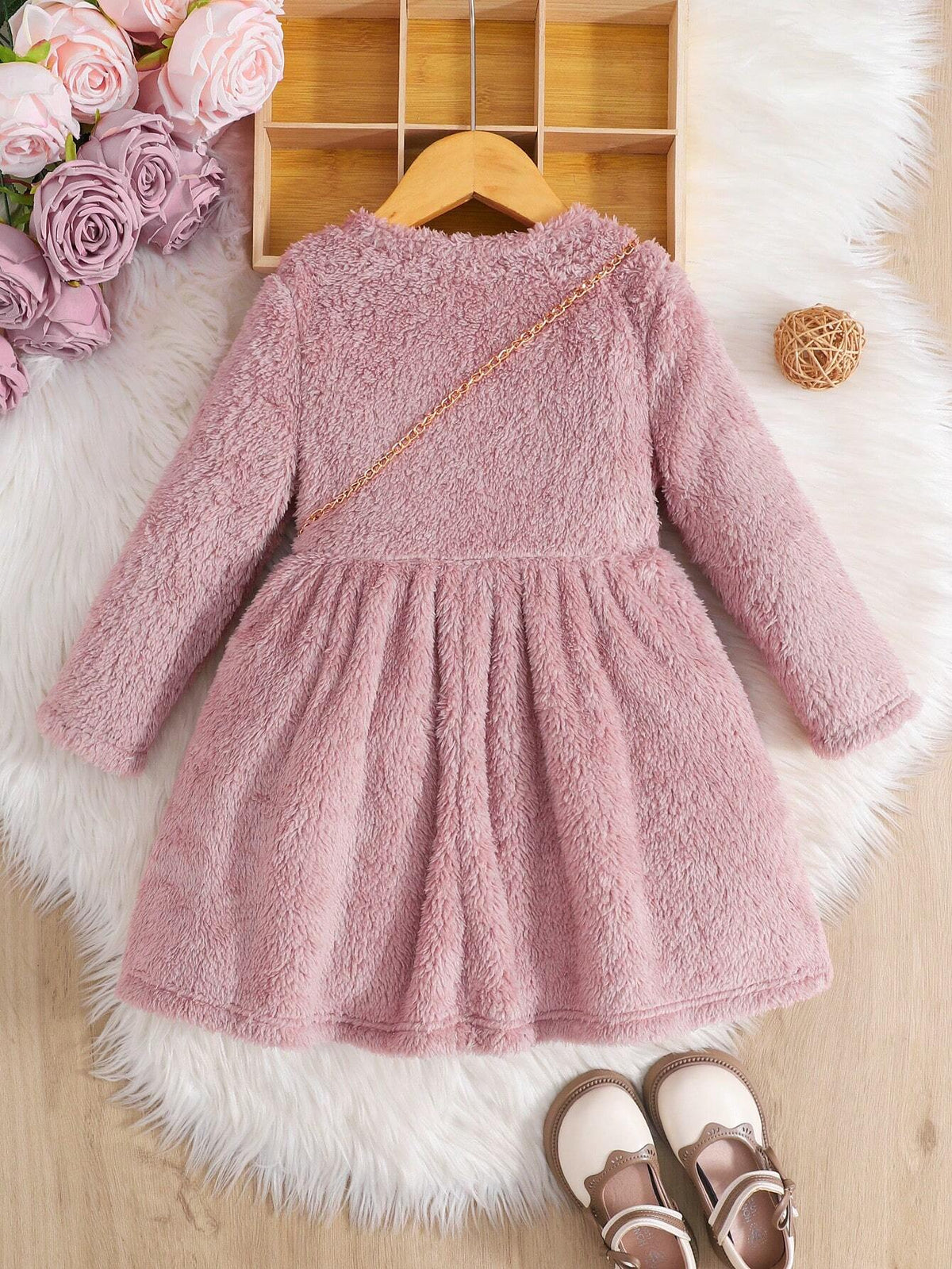 Young Girl Fall/Winter Clothes 1set Solid Color Knitted Sweater Dress