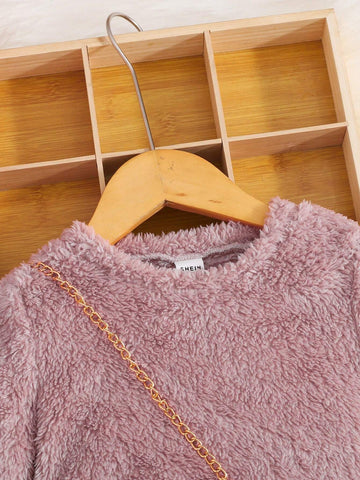 Young Girl Fall/Winter Clothes 1set Solid Color Knitted Sweater Dress