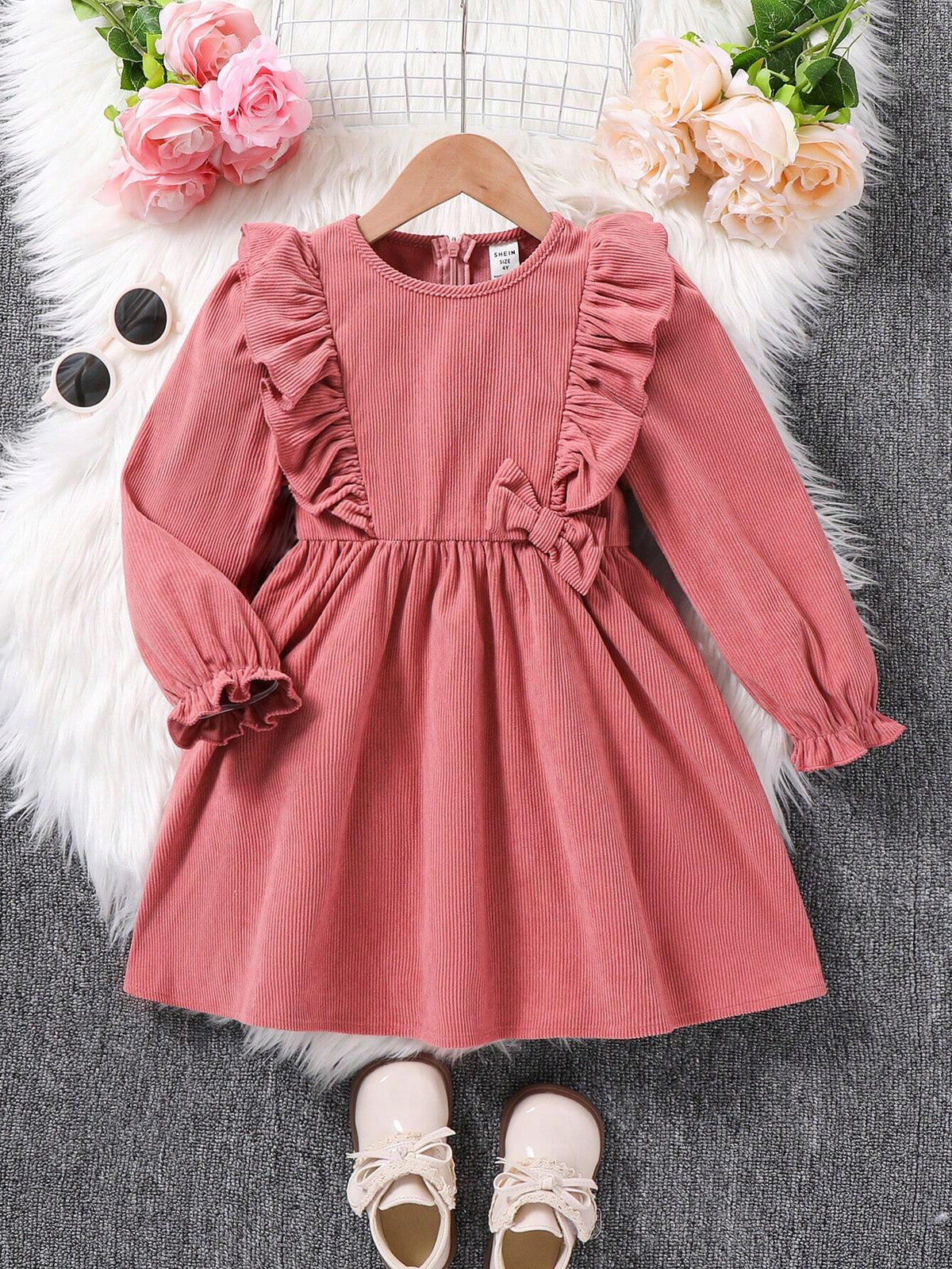 Young Girl Fall/Winter Clothes Young Girl Woven Solid Color Round Neck Ruffled Hem Casual Dress