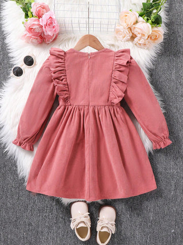 Young Girl Fall/Winter Clothes Young Girl Woven Solid Color Round Neck Ruffled Hem Casual Dress
