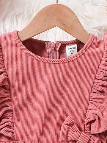 Young Girl Fall/Winter Clothes Young Girl Woven Solid Color Round Neck Ruffled Hem Casual Dress