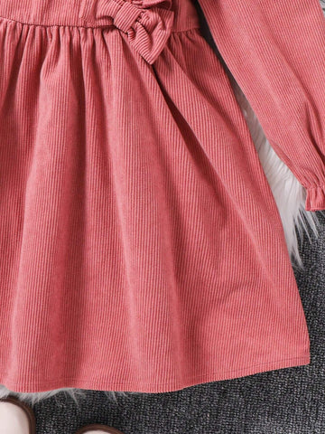 Young Girl Fall/Winter Clothes Young Girl Woven Solid Color Round Neck Ruffled Hem Casual Dress