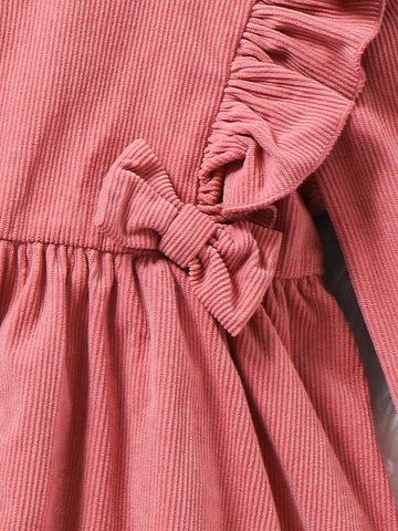 Young Girl Fall/Winter Clothes Young Girl Woven Solid Color Round Neck Ruffled Hem Casual Dress