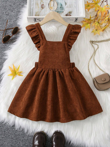 Young Girl Fall Retro Vintage Ruffle Trim Dress, Ideal For Casual Everyday, Outdoor, Spring And Summer