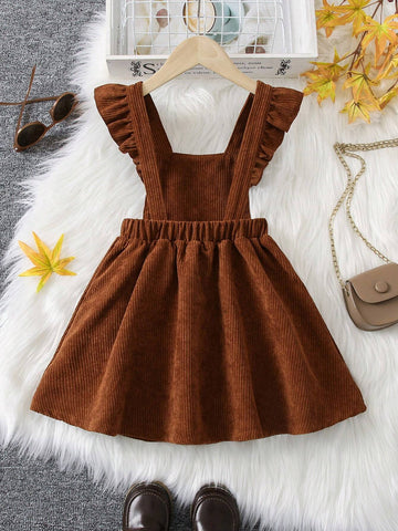 Young Girl Fall Retro Vintage Ruffle Trim Dress, Ideal For Casual Everyday, Outdoor, Spring And Summer