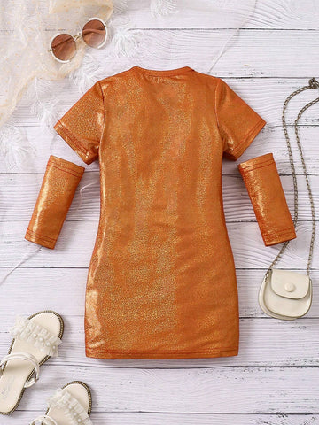 Young Girl Fall Trendy Elegant Detachable Sleeve Glitter Dress, Suitable For Outings, Shopping, Vacation, Party, Daily Wear, Spring, Autumn, Winter, Sweet Girl Fitted Long Sleeve Dress