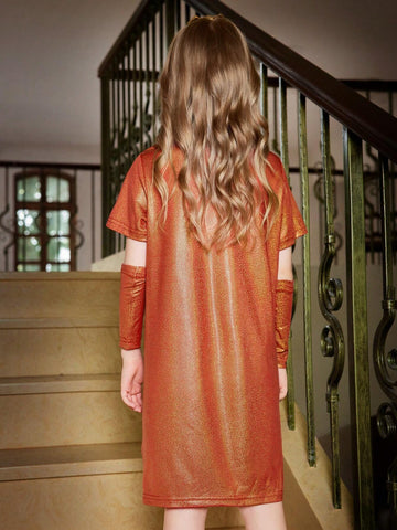 Young Girl Fall Trendy Elegant Detachable Sleeve Glitter Dress, Suitable For Outings, Shopping, Vacation, Party, Daily Wear, Spring, Autumn, Winter, Sweet Girl Fitted Long Sleeve Dress