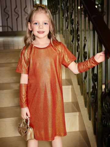 Young Girl Fall Trendy Elegant Detachable Sleeve Glitter Dress, Suitable For Outings, Shopping, Vacation, Party, Daily Wear, Spring, Autumn, Winter, Sweet Girl Fitted Long Sleeve Dress