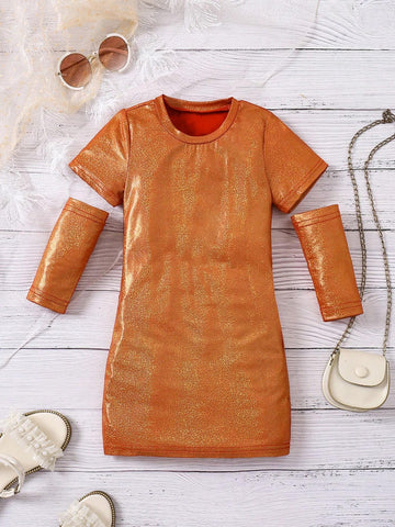 Young Girl Fall Trendy Elegant Detachable Sleeve Glitter Dress, Suitable For Outings, Shopping, Vacation, Party, Daily Wear, Spring, Autumn, Winter, Sweet Girl Fitted Long Sleeve Dress
