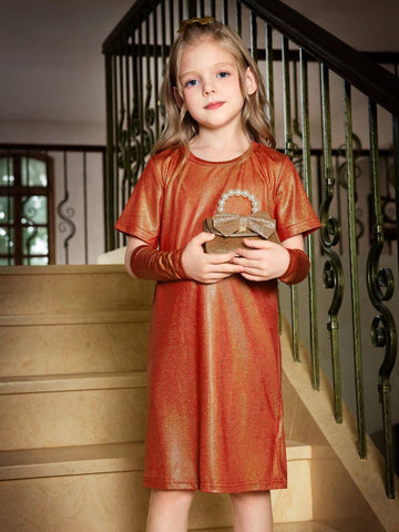 Young Girl Fall Trendy Elegant Detachable Sleeve Glitter Dress, Suitable For Outings, Shopping, Vacation, Party, Daily Wear, Spring, Autumn, Winter, Sweet Girl Fitted Long Sleeve Dress