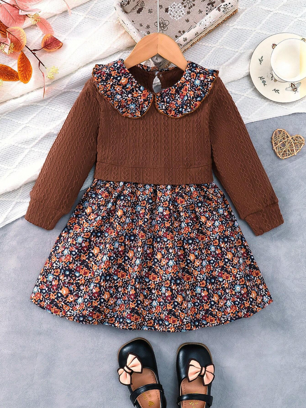 Young Girl Fall Vintage Contrast Ditsy Floral Party Dress For Fall