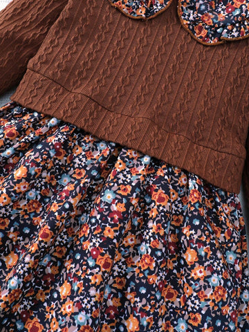 Young Girl Fall Vintage Contrast Ditsy Floral Party Dress For Fall