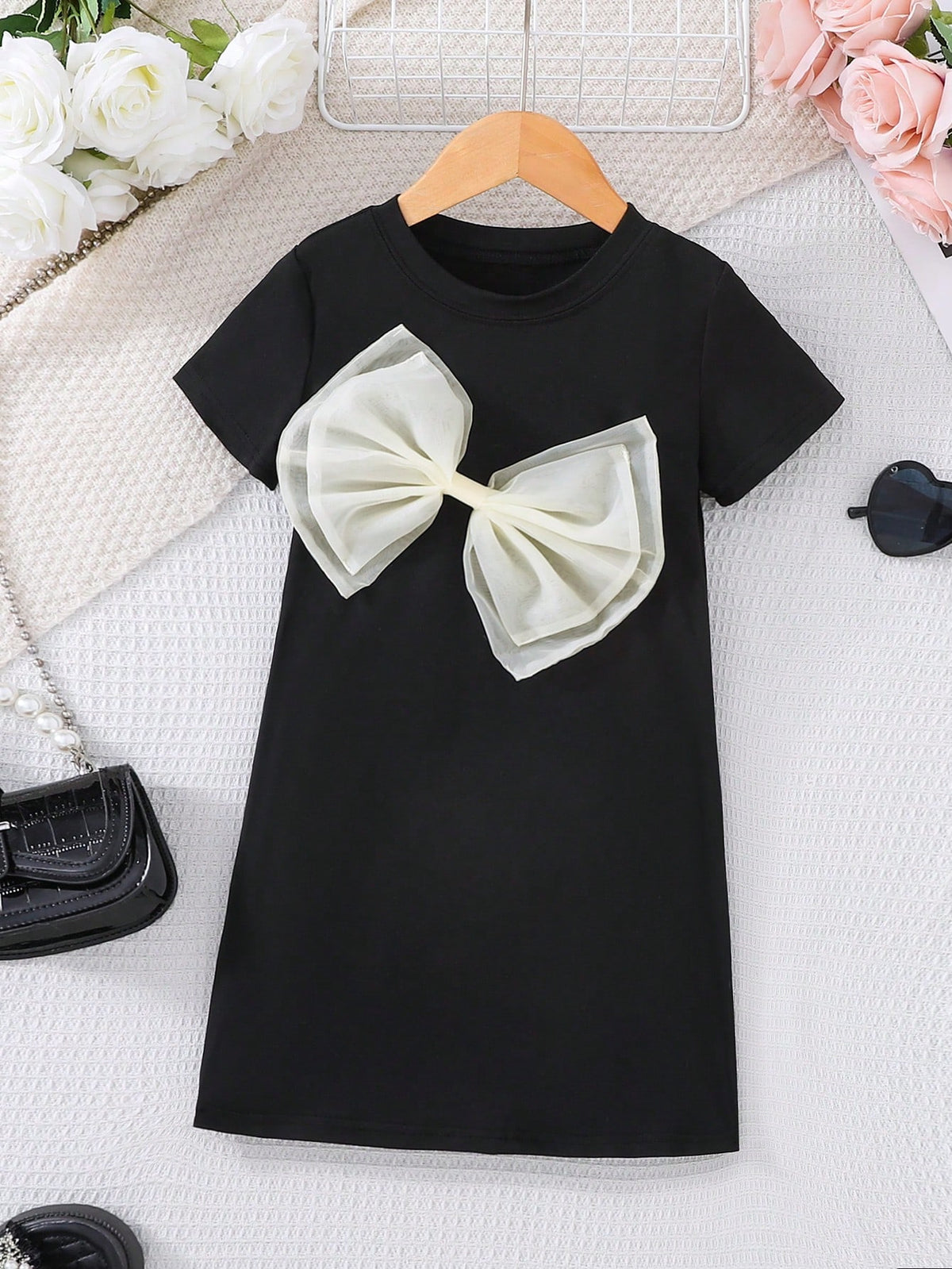 Young Girl' Fashion 3D Bow Decor Casual Round Neck Short Sleeve Dress, Suitable For Summer