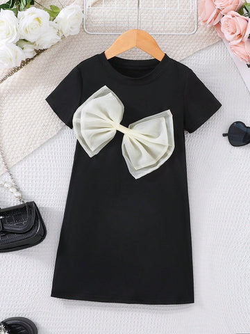 Young Girl' Fashion 3D Bow Decor Casual Round Neck Short Sleeve Dress, Suitable For Summer