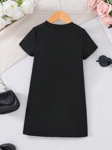 Young Girl' Fashion 3D Bow Decor Casual Round Neck Short Sleeve Dress, Suitable For Summer