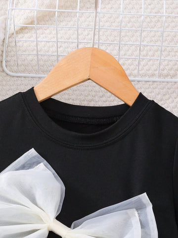 Young Girl' Fashion 3D Bow Decor Casual Round Neck Short Sleeve Dress, Suitable For Summer