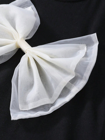 Young Girl' Fashion 3D Bow Decor Casual Round Neck Short Sleeve Dress, Suitable For Summer