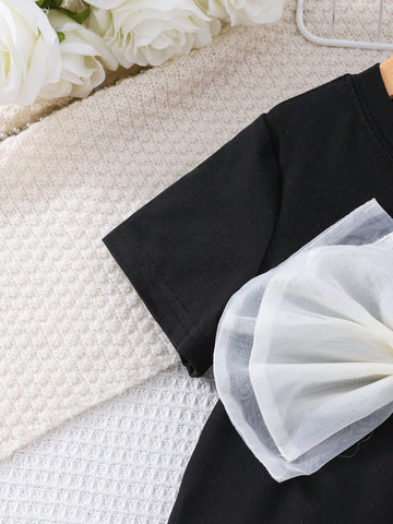Young Girl' Fashion 3D Bow Decor Casual Round Neck Short Sleeve Dress, Suitable For Summer