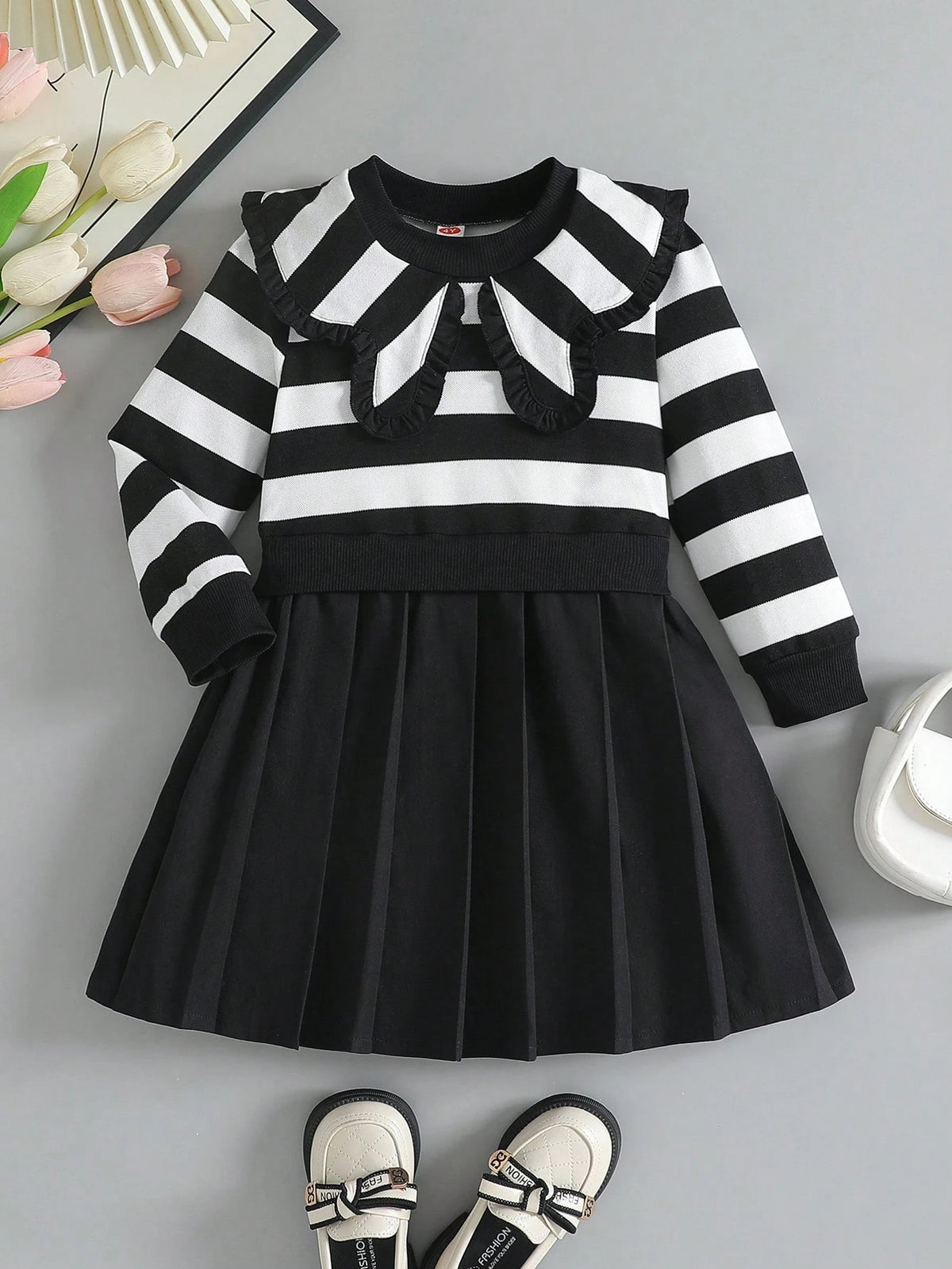 Young Girl Fashion Casual Collared Striped Patchwork Pleated Cute Dress