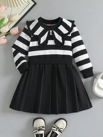 Young Girl Fashion Casual Collared Striped Patchwork Pleated Cute Dress
