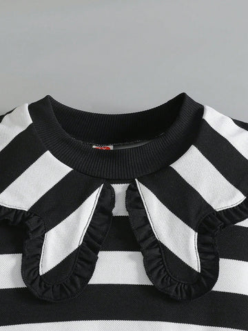 Young Girl Fashion Casual Collared Striped Patchwork Pleated Cute Dress