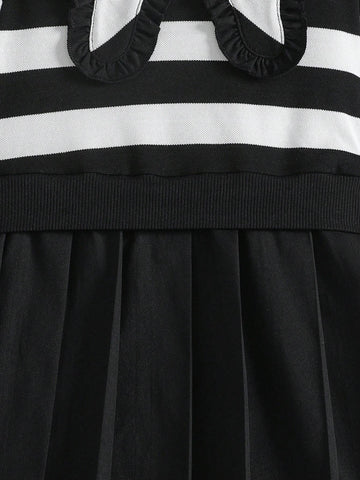 Young Girl Fashion Casual Collared Striped Patchwork Pleated Cute Dress