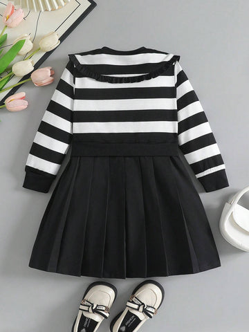 Young Girl Fashion Casual Collared Striped Patchwork Pleated Cute Dress
