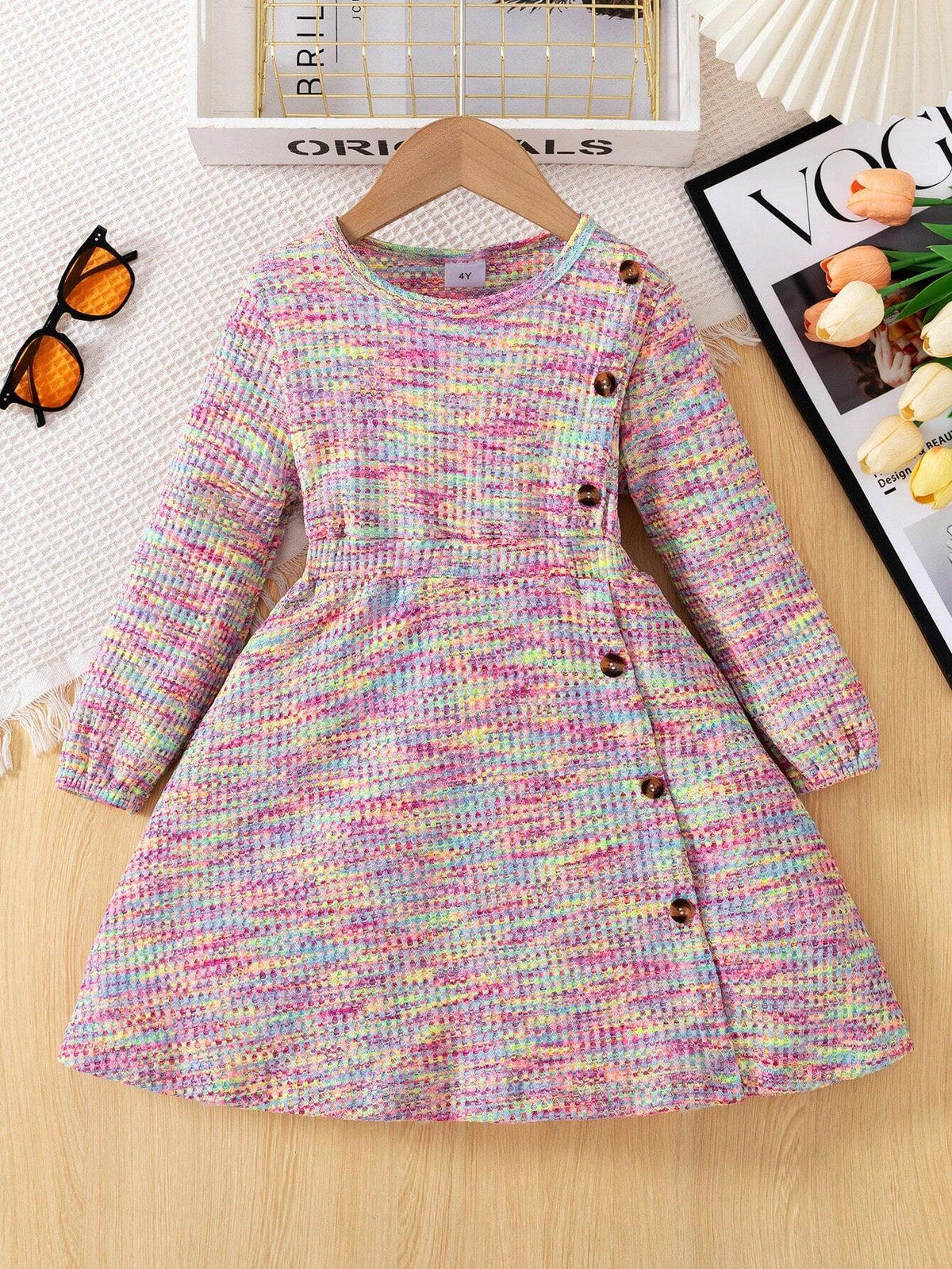Young Girl Fashion Casual Colorful Drawstring Long Sleeve Round Neck Elastic Waist Side Button A-Line Hem Dress