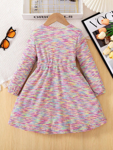 Young Girl Fashion Casual Colorful Drawstring Long Sleeve Round Neck Elastic Waist Side Button A-Line Hem Dress