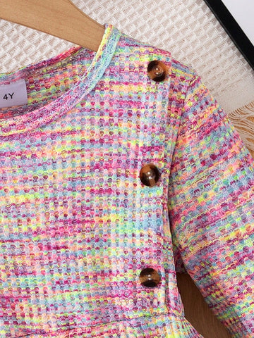 Young Girl Fashion Casual Colorful Drawstring Long Sleeve Round Neck Elastic Waist Side Button A-Line Hem Dress