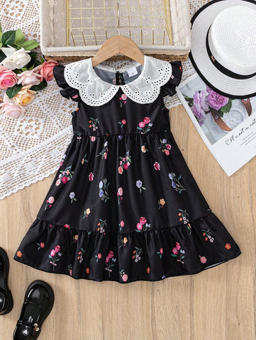 Young Girl Fashion Casual Colorful Flower Print Flutter Sleeve Buttoned Round Hollow Collar A-Line Hem Dress