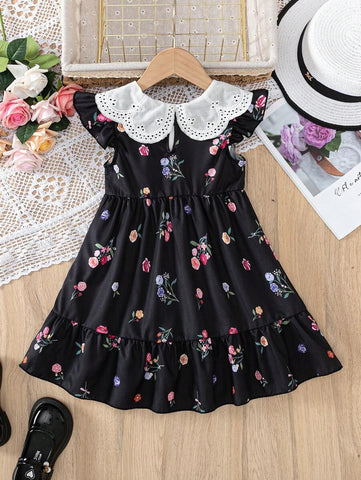 Young Girl Fashion Casual Colorful Flower Print Flutter Sleeve Buttoned Round Hollow Collar A-Line Hem Dress