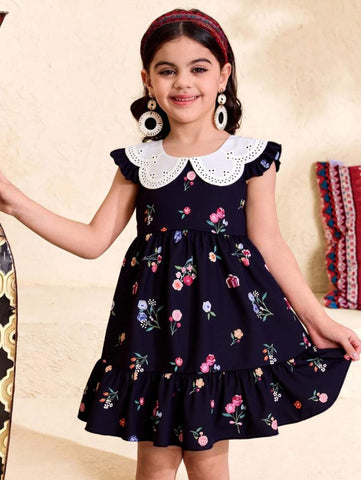 Young Girl Fashion Casual Colorful Flower Print Flutter Sleeve Buttoned Round Hollow Collar A-Line Hem Dress