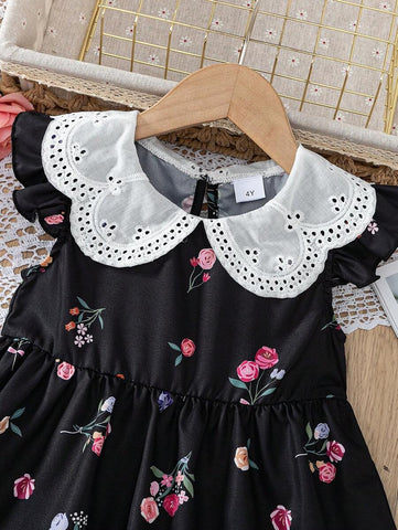 Young Girl Fashion Casual Colorful Flower Print Flutter Sleeve Buttoned Round Hollow Collar A-Line Hem Dress