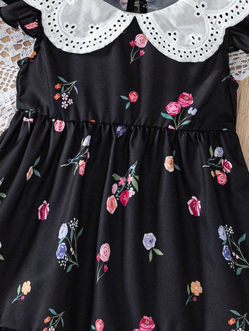Young Girl Fashion Casual Colorful Flower Print Flutter Sleeve Buttoned Round Hollow Collar A-Line Hem Dress