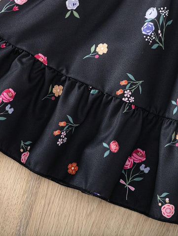 Young Girl Fashion Casual Colorful Flower Print Flutter Sleeve Buttoned Round Hollow Collar A-Line Hem Dress